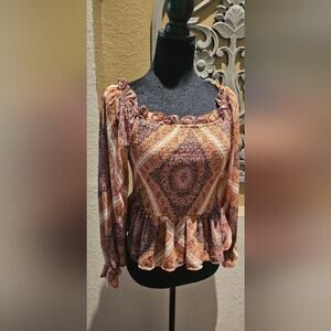 Flying Tomato Med Boho Peasant Top Romantic Smocked Paisley Peplum Western Fall